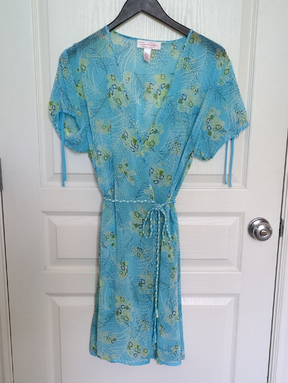 Oscar De La Renta Sheer Blue Floral Wrap Chemise